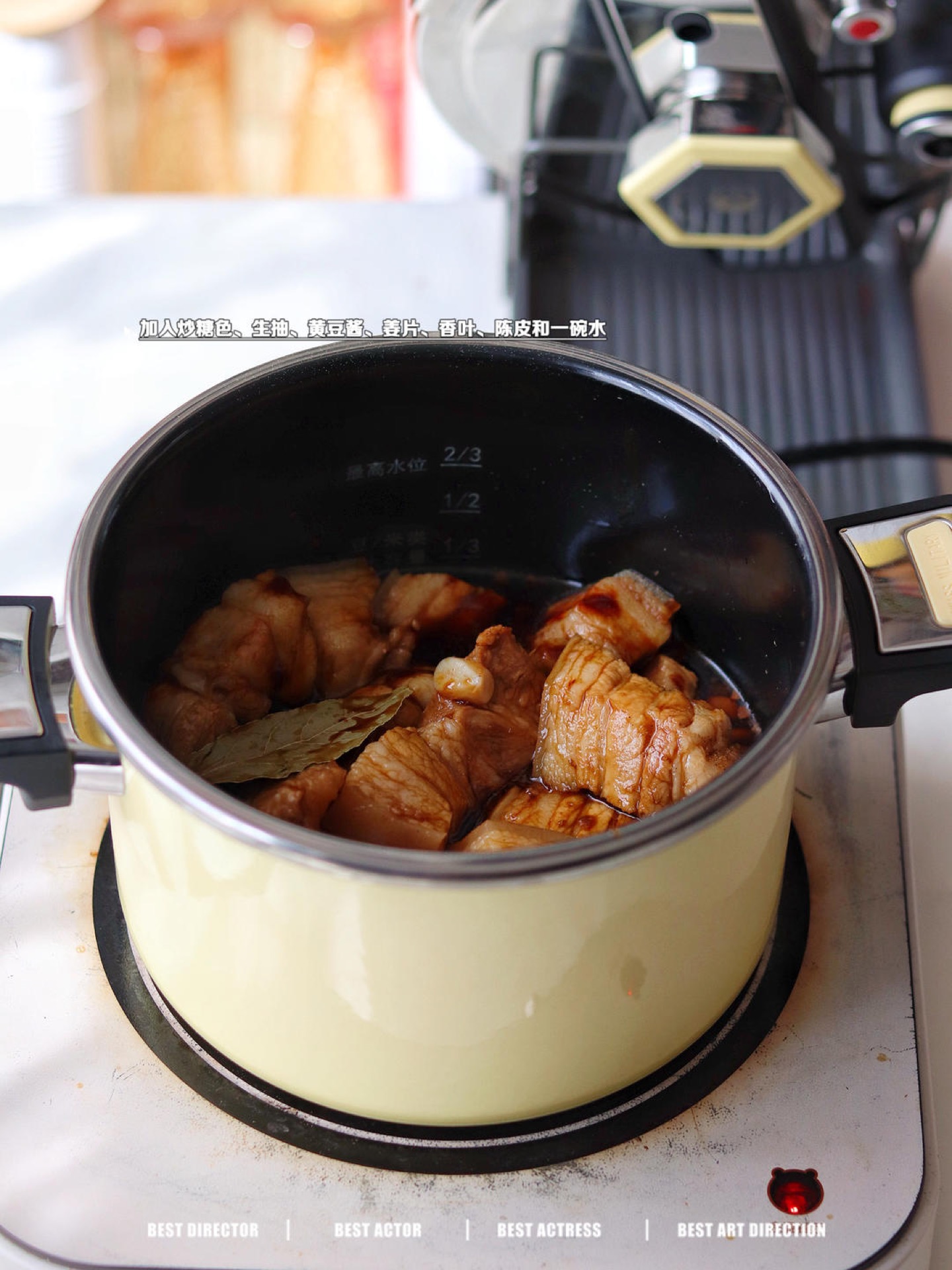 Braising liquid and aromatics added to pork belly in the pressure cooker