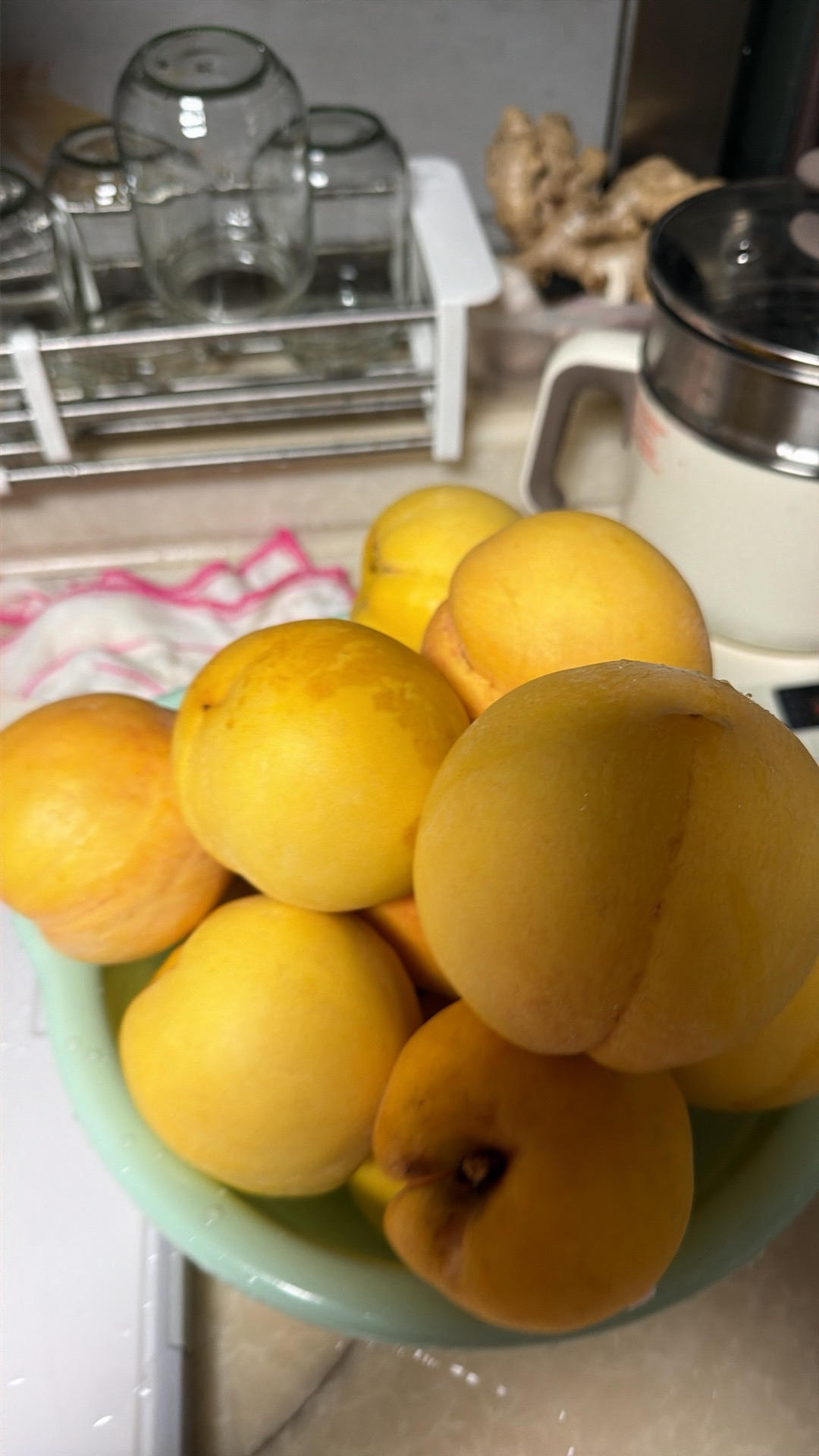 Yellow peaches being washed in salted water