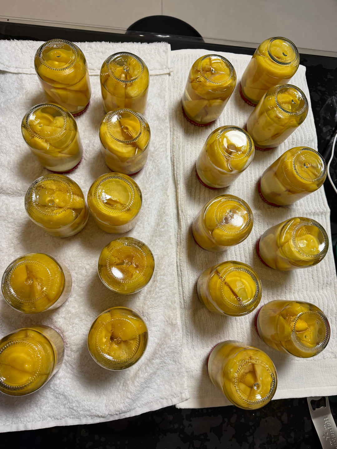 Hot jars being turned upside down to cool and seal