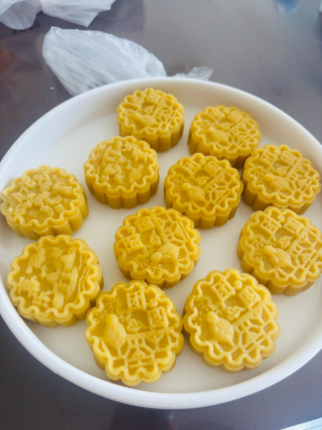 Finished mung bean cakes pressed into rounds