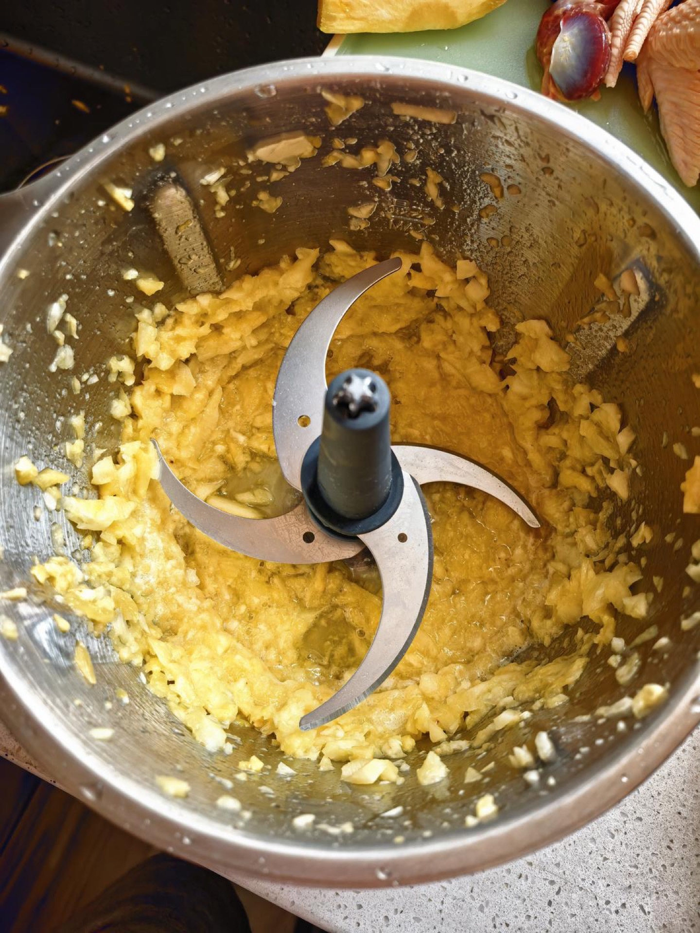 Blend one quarter of the pineapple into a fine purée so it can be juiced.