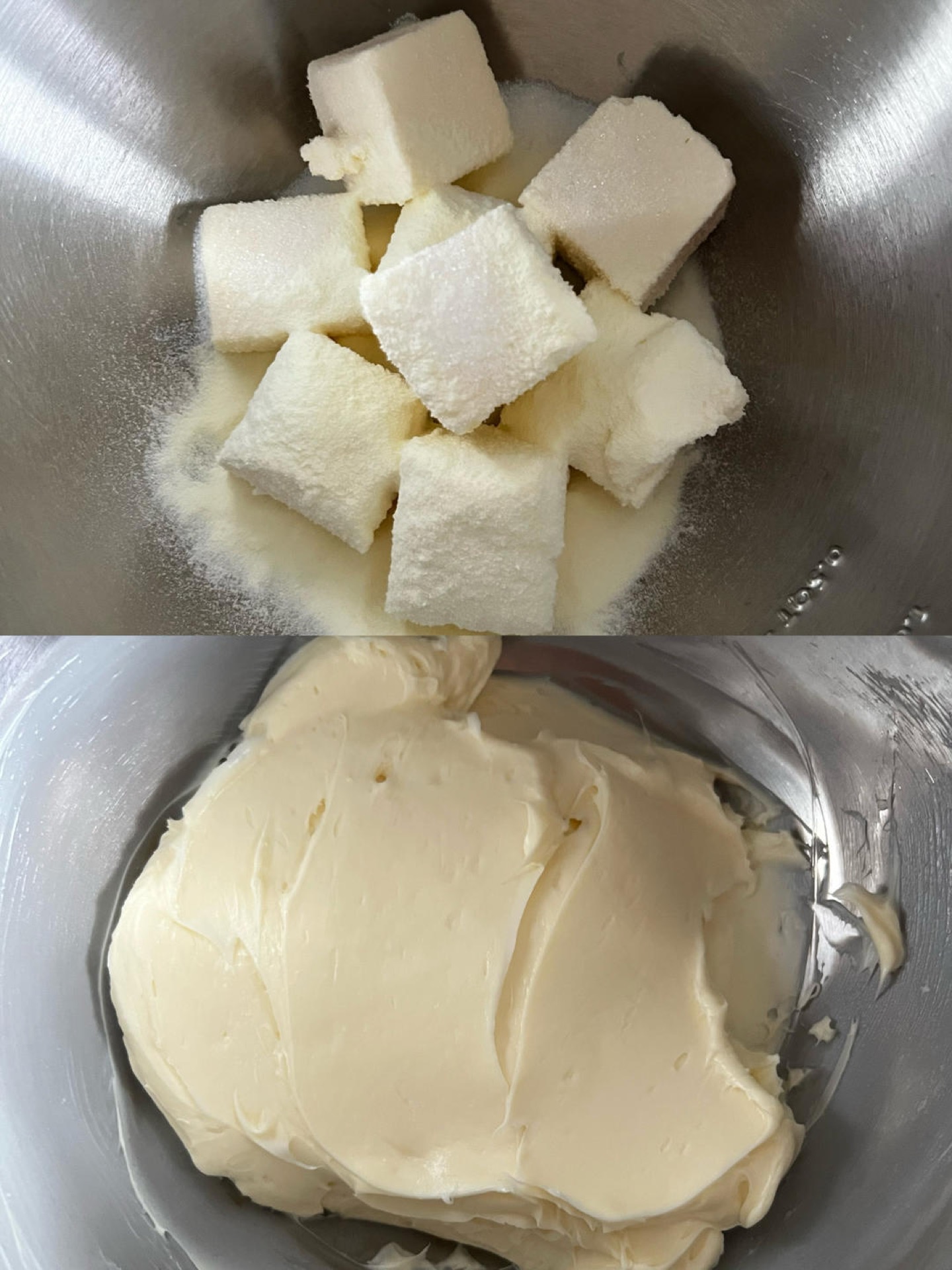 Smooth cream cheese filling in a mixing bowl