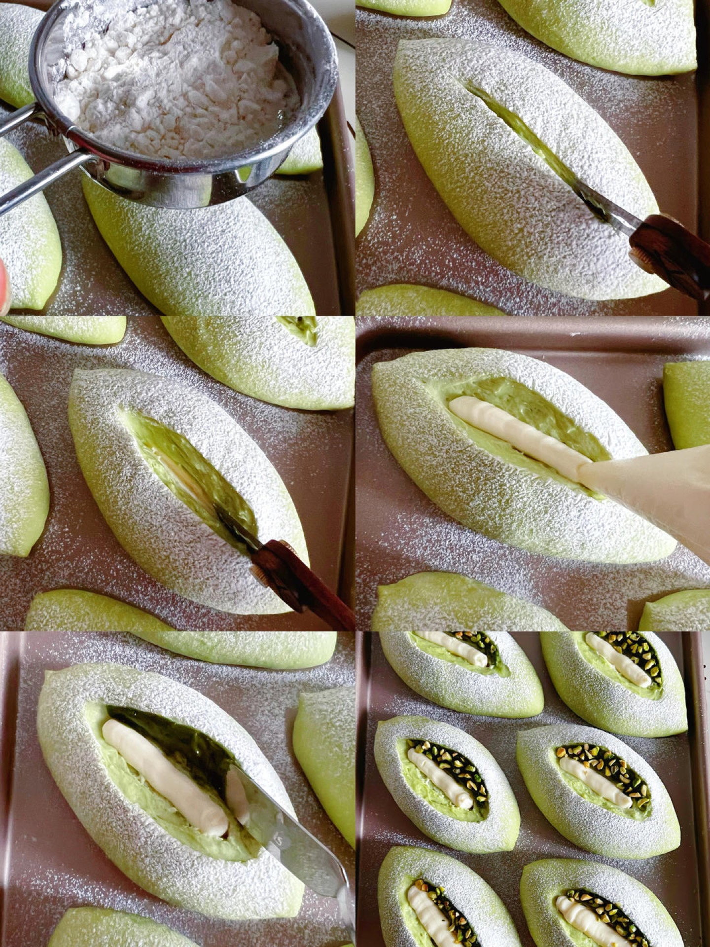 Scored bread dough with cream cheese piped into the cuts and pistachios scattered on top
