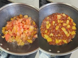 Tomatoes collapsing into sauce with potatoes in the pan
