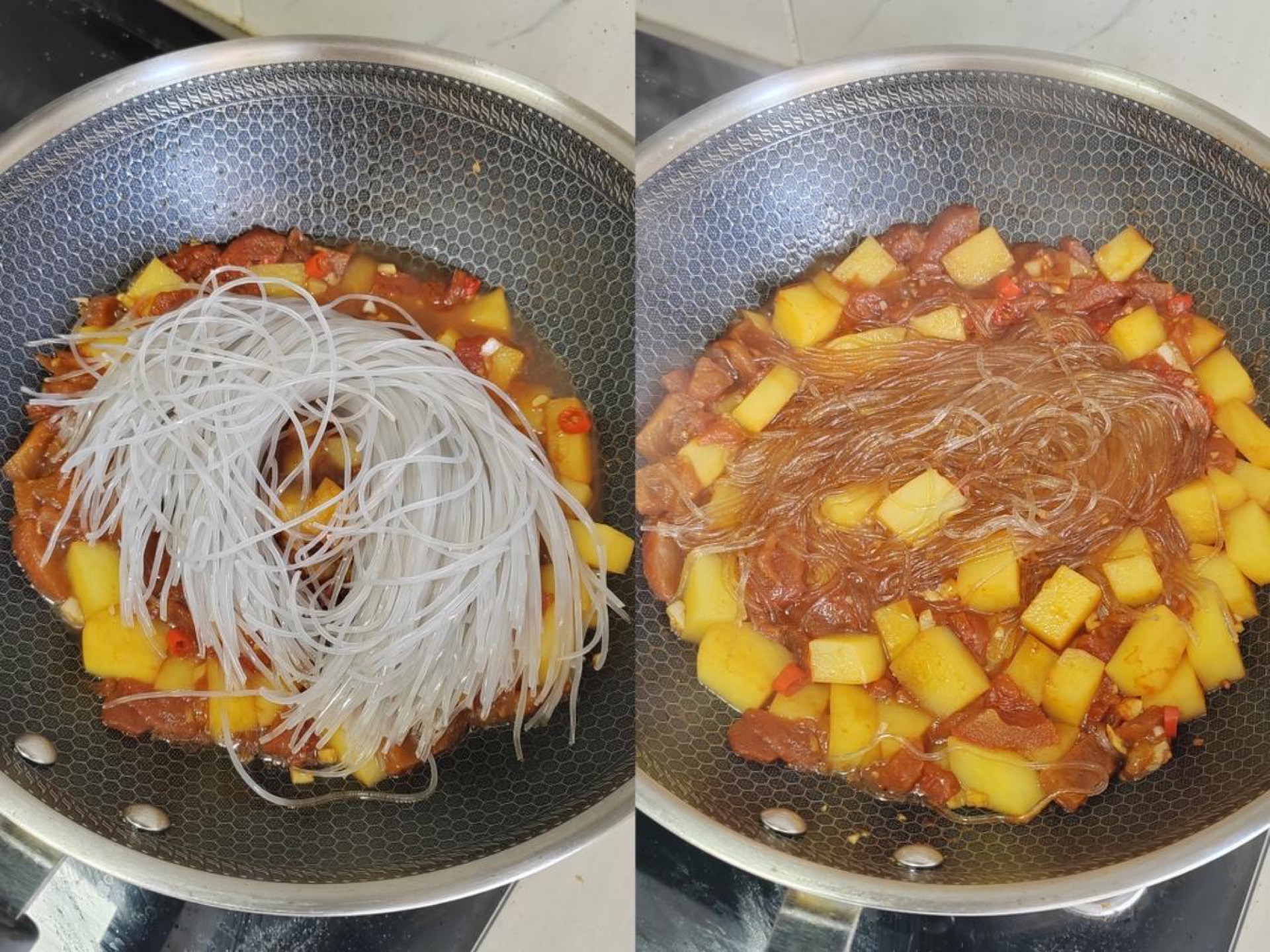 Vermicelli simmering in tomato sauce in the pan
