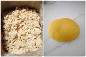 Begin kneading the dough. First mix all the ingredients into a shaggy mass like the one on the left; it looks a little dry, but that is actually just right. Then start bringing it