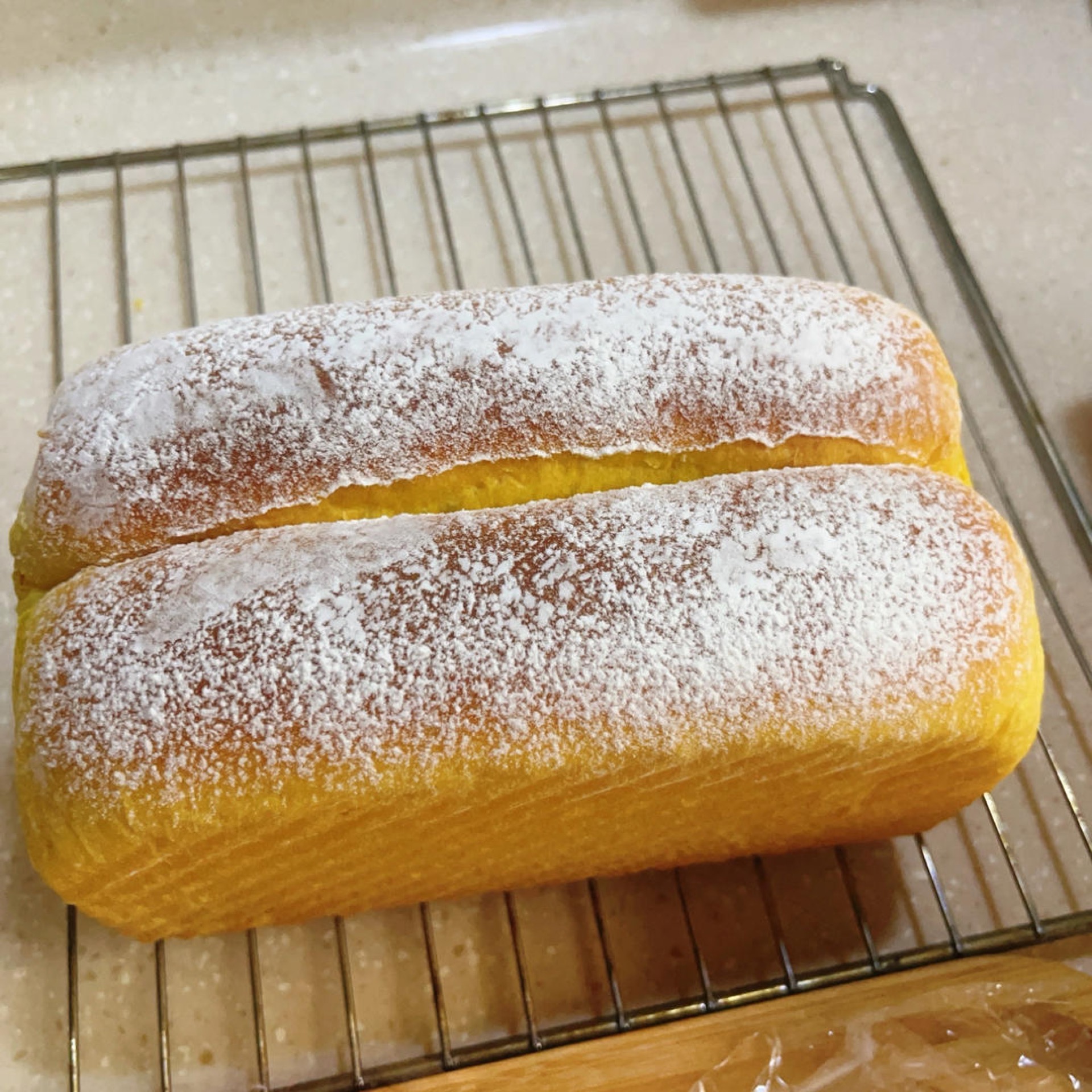 Pumpkin cheese toast baking in the oven