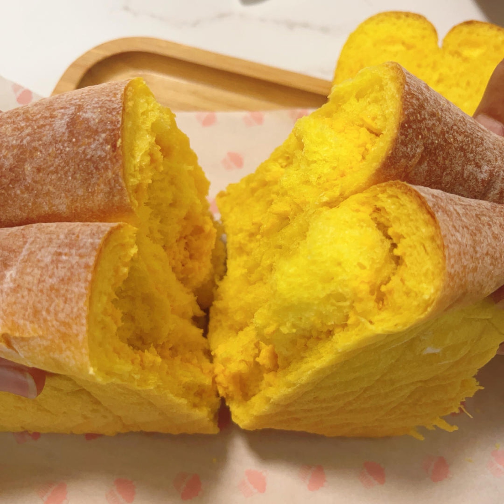 Close-up of the soft, even crumb of the pumpkin cheese toast