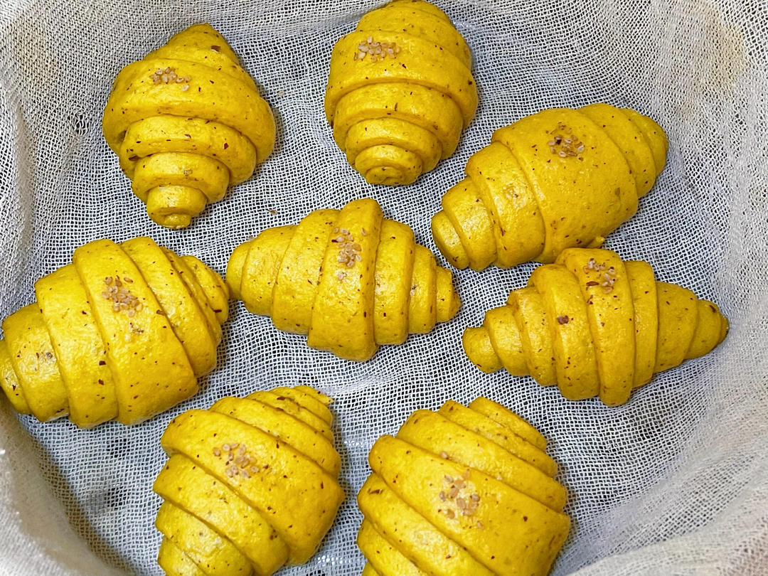 Steamed pumpkin buns freshly out of the steamer