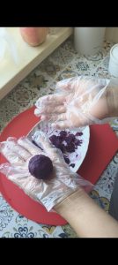 Three balls of purple sweet potato mash