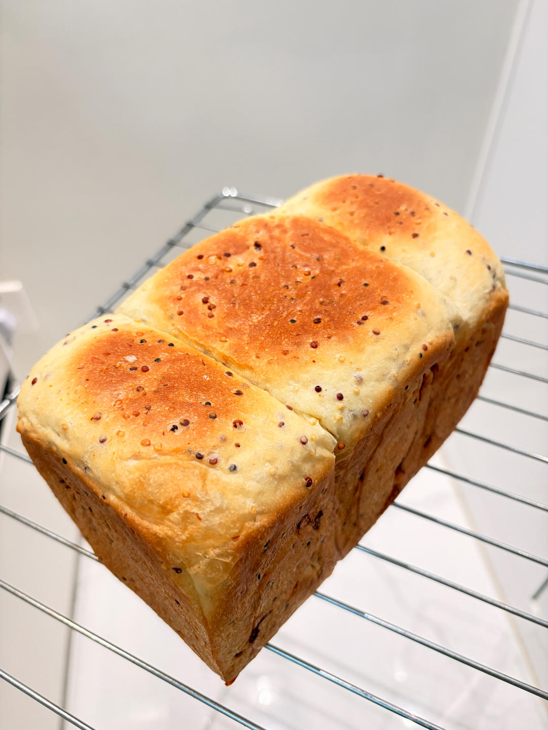 Golden quinoa toast baking in the oven