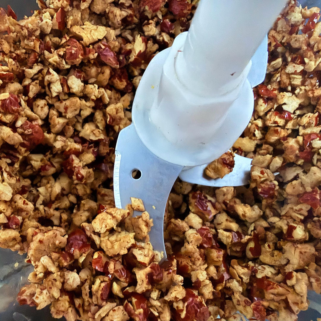Pitted and chopped red dates in a bowl