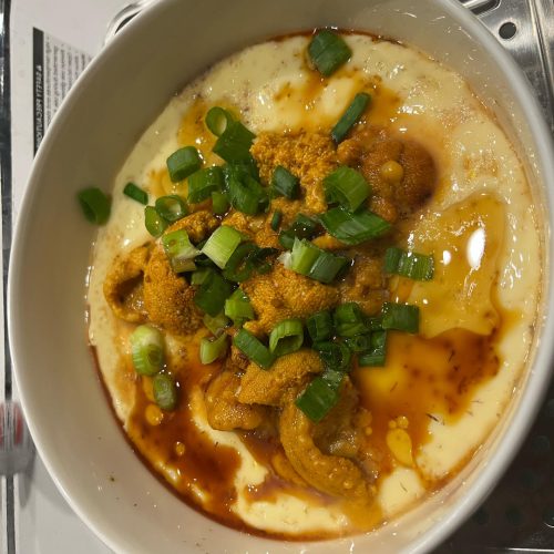 Silky steamed egg custard topped with fresh sea urchin