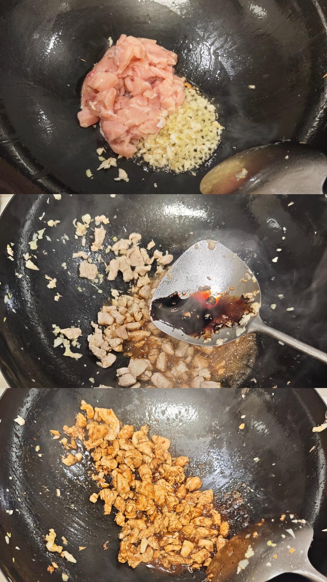 Chicken and aromatics stir-frying in a wok