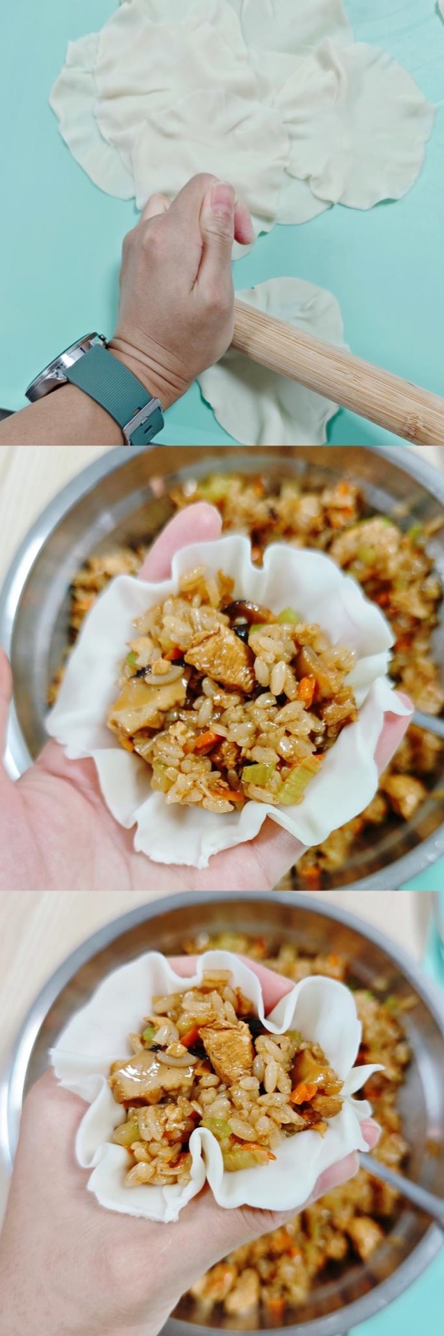 Folding siu mai in the hand