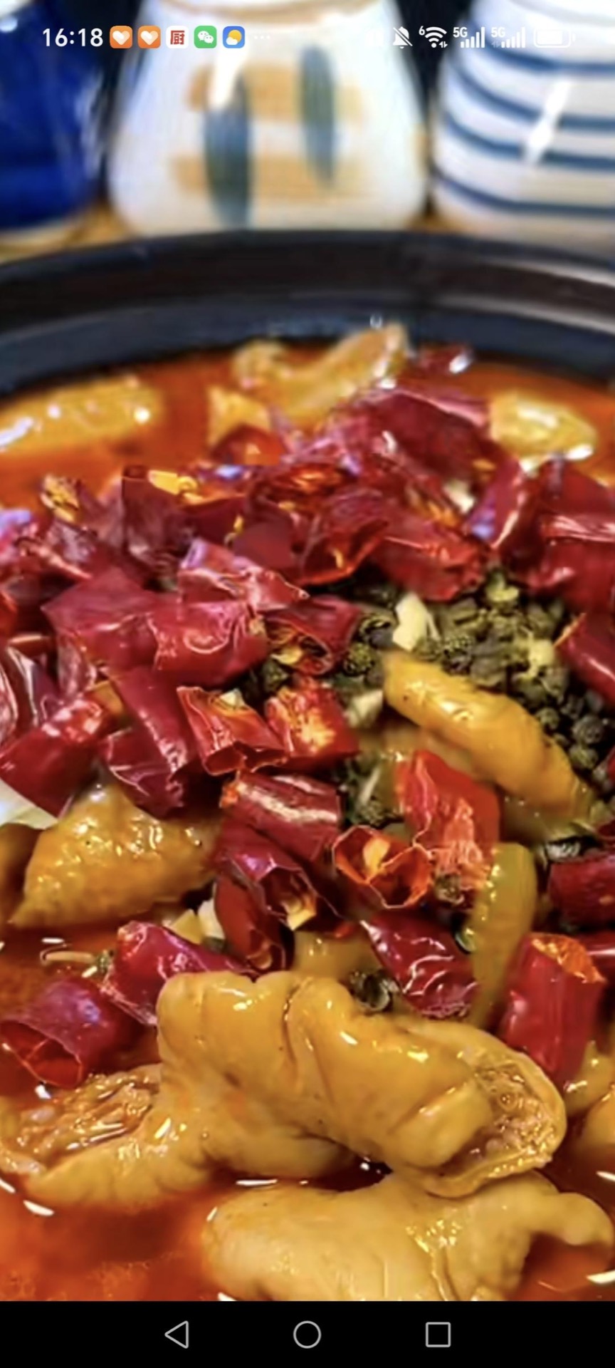 Scatter the dried chili segments and Sichuan peppercorns over the top.