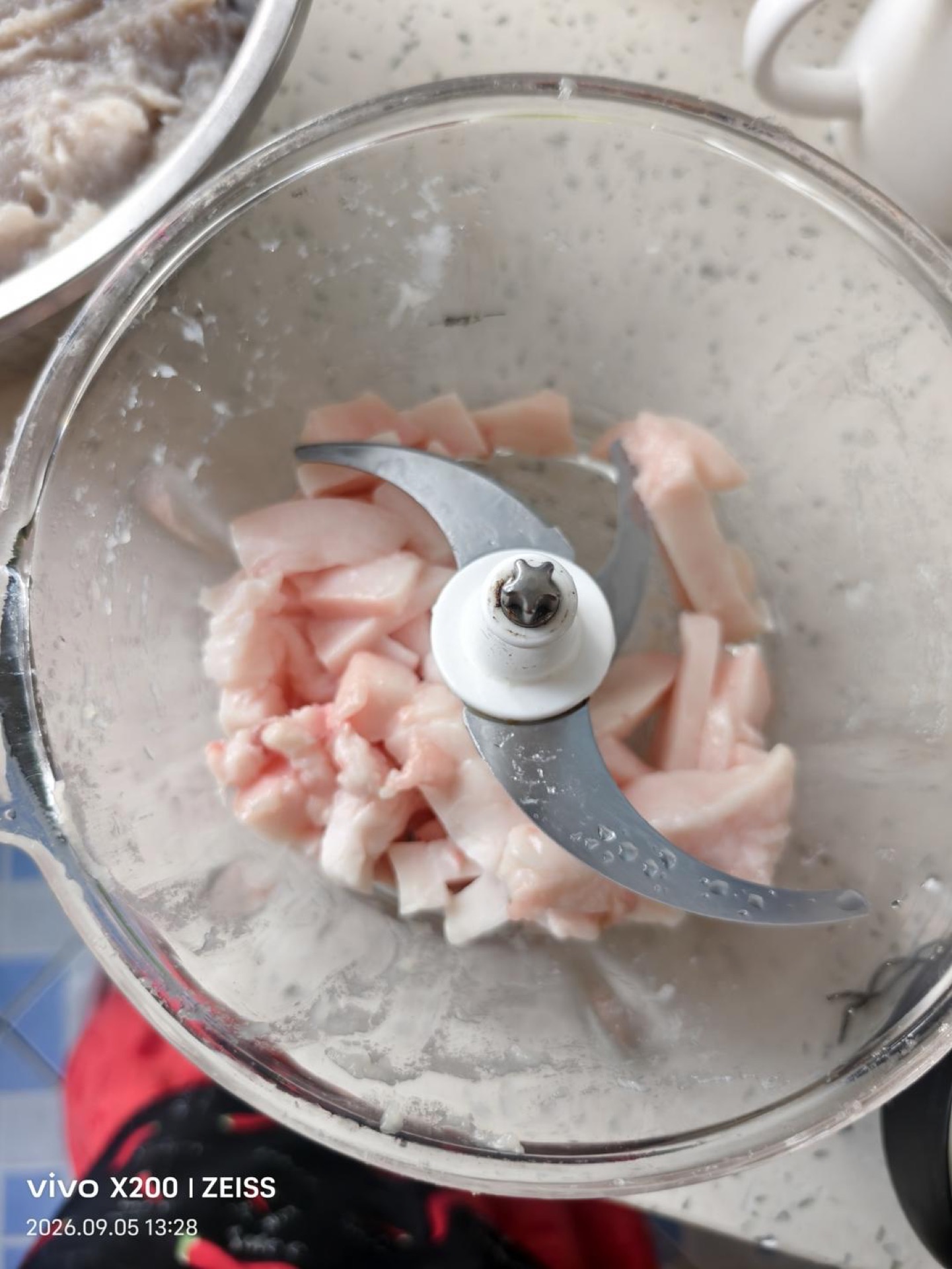 Ground pork fat ready to be added to the mackerel filling