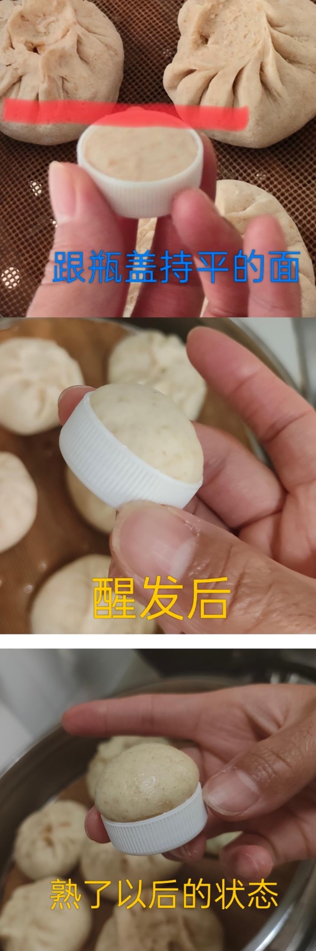 Side by side comparison of raw and steamed dough pieces