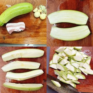Prepare the ingredients: halve the zucchini lengthwise, quarter it, then cut it on the diagonal into thick slices.