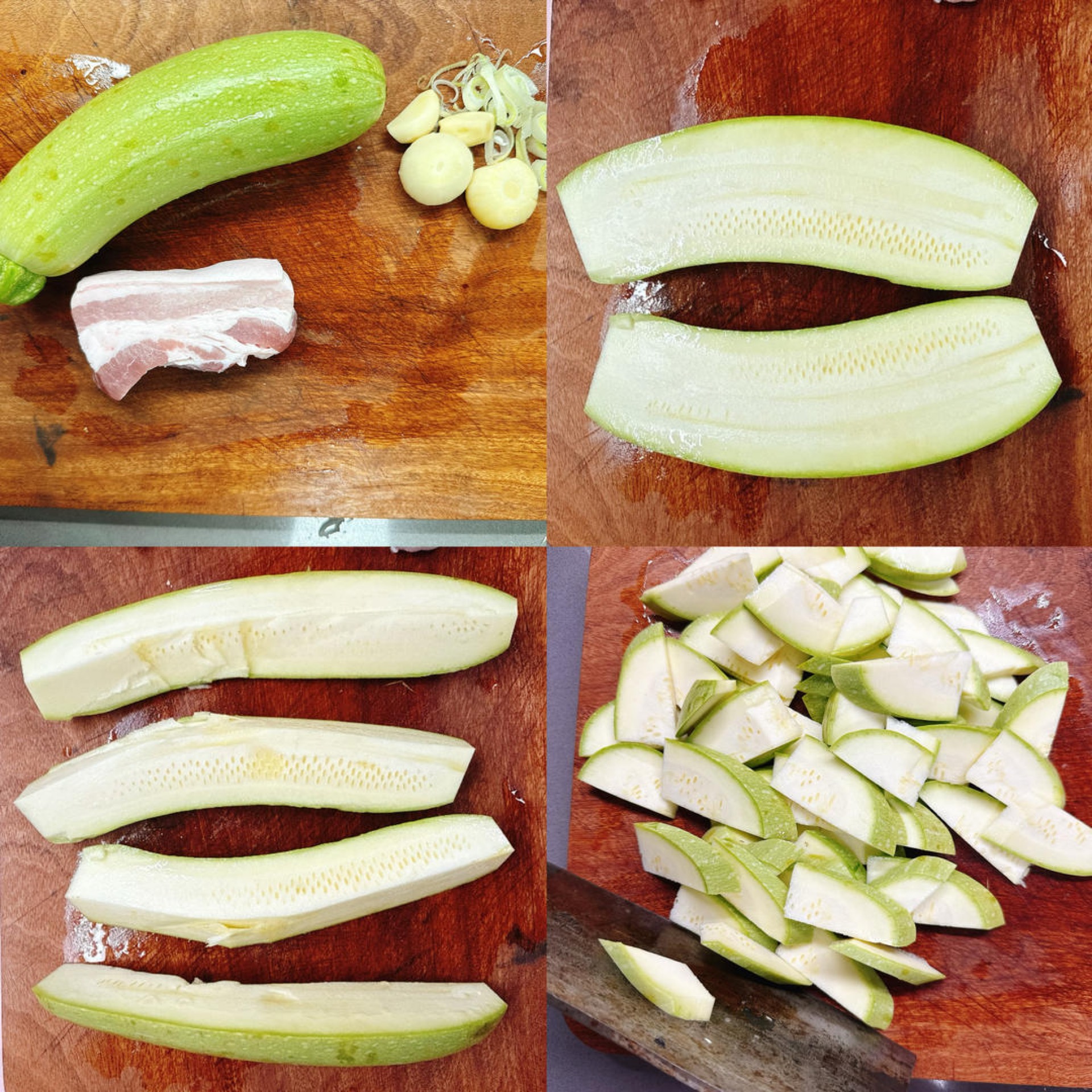 Prepare the ingredients: halve the zucchini lengthwise, quarter it, then cut it on the diagonal into thick slices.