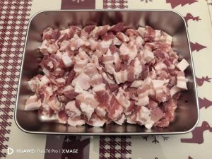 Diced pork belly shallots mushrooms and spices prepped