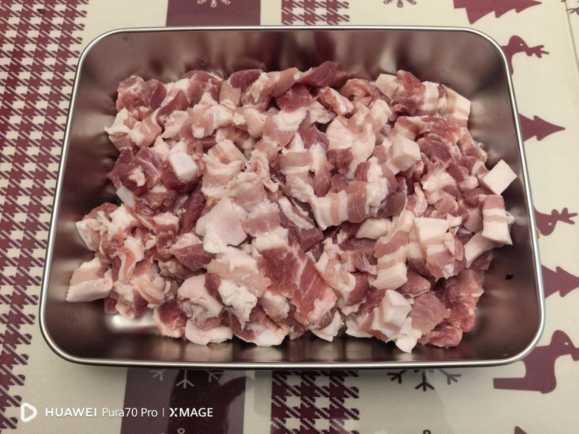 Diced pork belly shallots mushrooms and spices prepped
