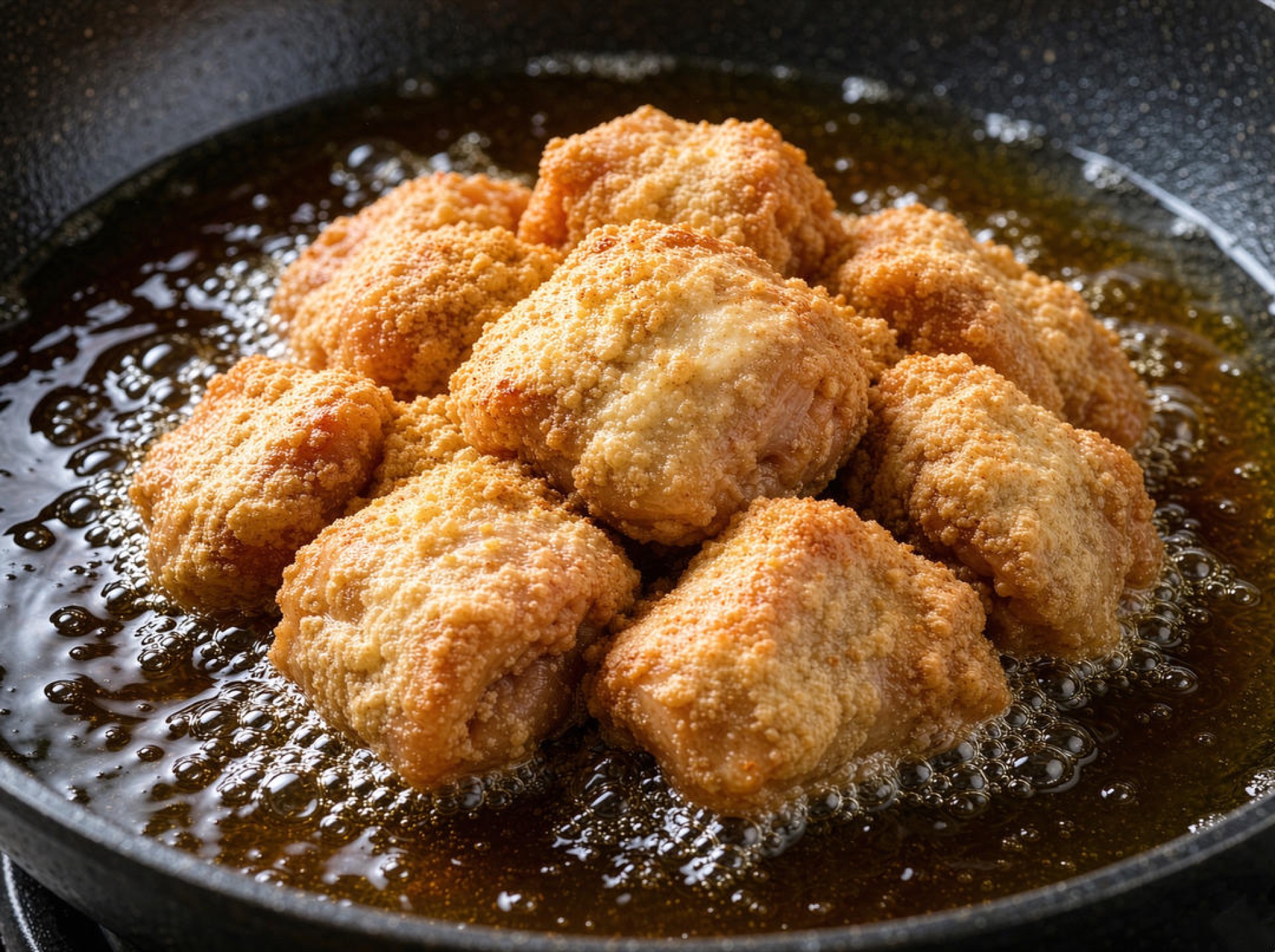 Heat the oil to 160°C (320°F), fry the chicken in batches over medium-low heat for 3-4 minutes until pale gold and set, then drain.