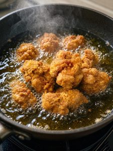 Raise the oil to 180°C (355°F), fry the chicken again for 40-60 seconds until golden and crisp, flash-fry the basil for 10 seconds, and drain.