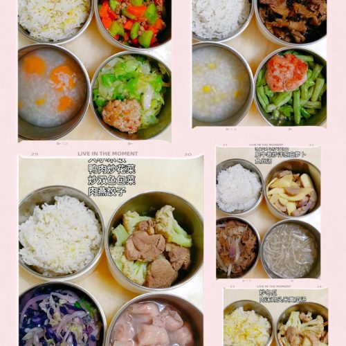 A week of Chinese school lunches packed in lunchboxes with rice, stir-fried vegetables, meat, and soup
