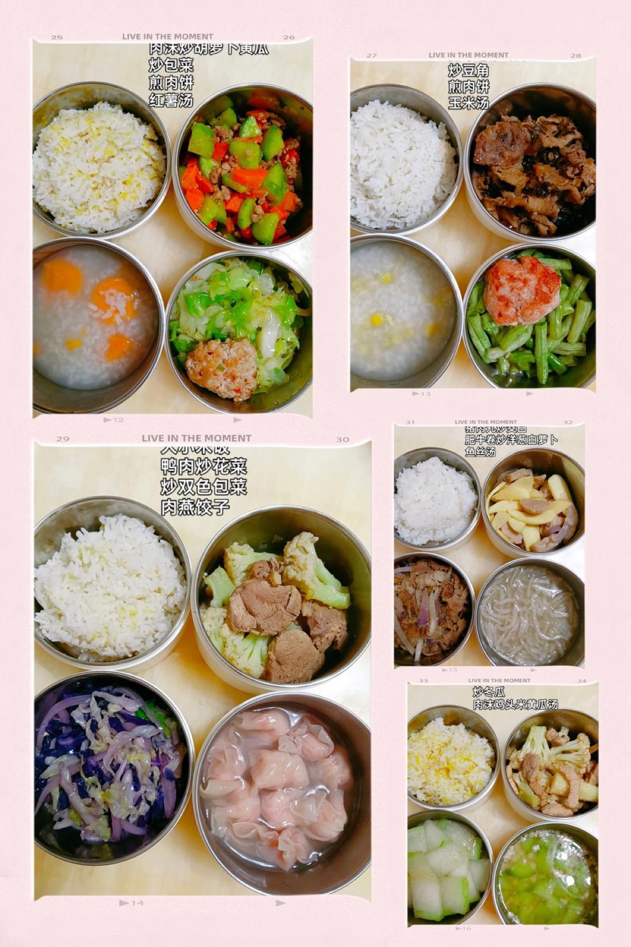 A week of Chinese school lunches packed in lunchboxes with rice, stir-fried vegetables, meat, and soup