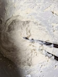 Combine 250 g flour with 200 g warm water and 2 g salt, stirring until a dough forms.