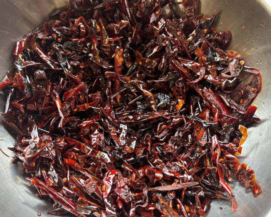 Chiles fried until almost black and crisp