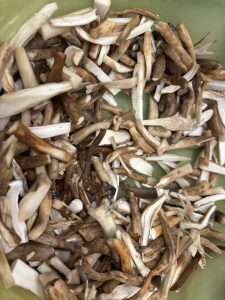 Mushroom stems being cut into even segments