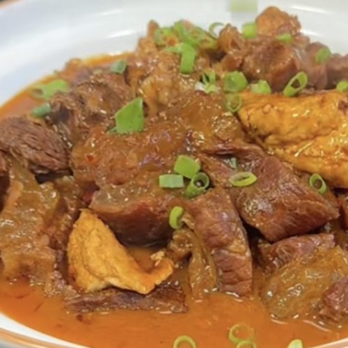 Braised beef tendon and tofu in a dark savory sauce garnished with scallions