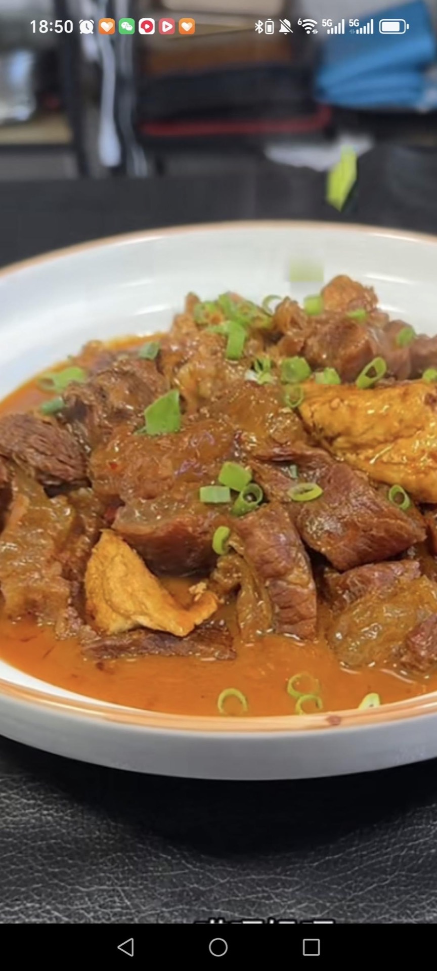 Braised beef tendon and tofu in a dark savory sauce garnished with scallions