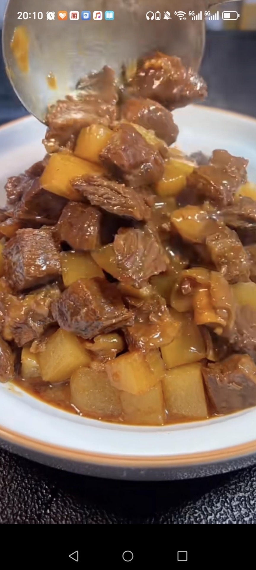 Braised beef with white radish in a dark bowl, garnished with scallions