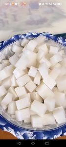 Peel the daikon radish and cut it into 1.5-inch chunks, then set the pieces aside while you prepare the beef.