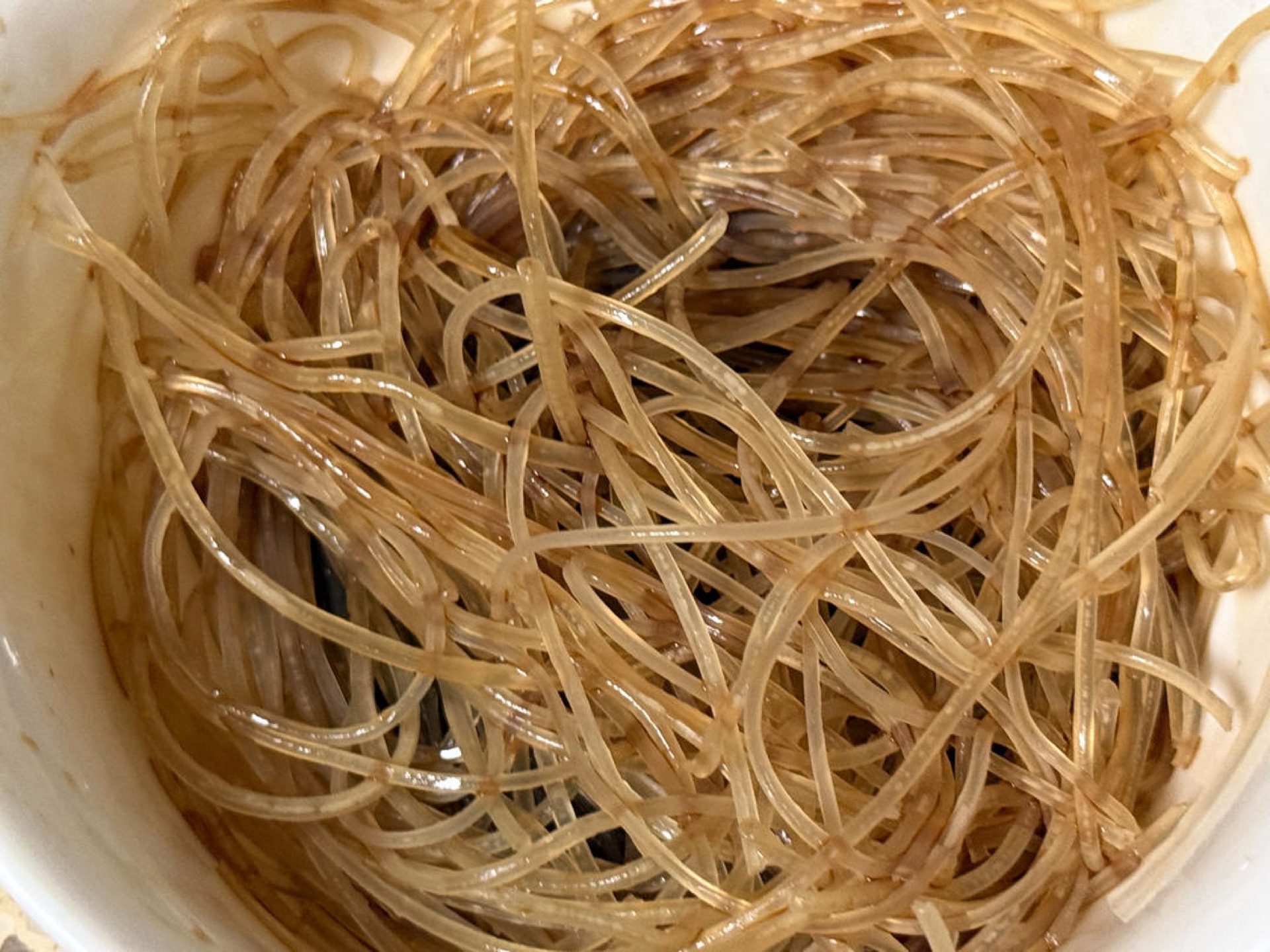 Soak the dried sweet potato vermicelli in warm water until pliable, about 30 minutes, then drain and toss with the dark soy sauce so every strand takes on an even amber color.