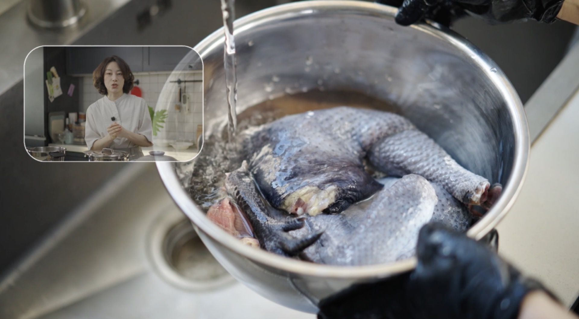 For soup, use an old hen. We rinse it clean, remove the parts we won't use, and cut it into large chunks.