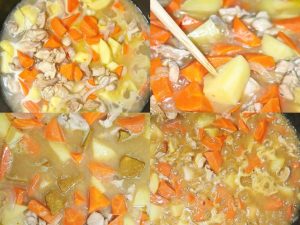 Pour in boiling water until it levels with the vegetables, cover, and simmer over medium heat for 15 minutes, until a chopstick pierces a potato easily. Add the broken-up curry blo