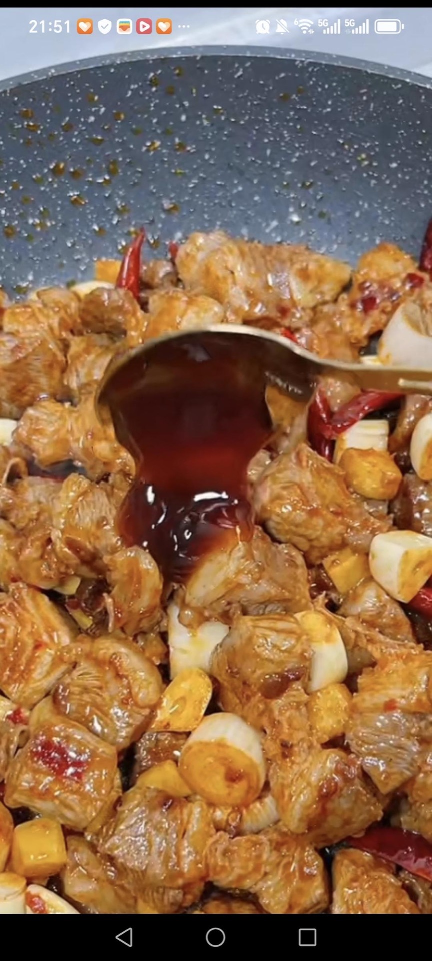 Add 2 tablespoons of light soy sauce, 1 tablespoon of dark soy sauce, and 1 tablespoon of oyster sauce.