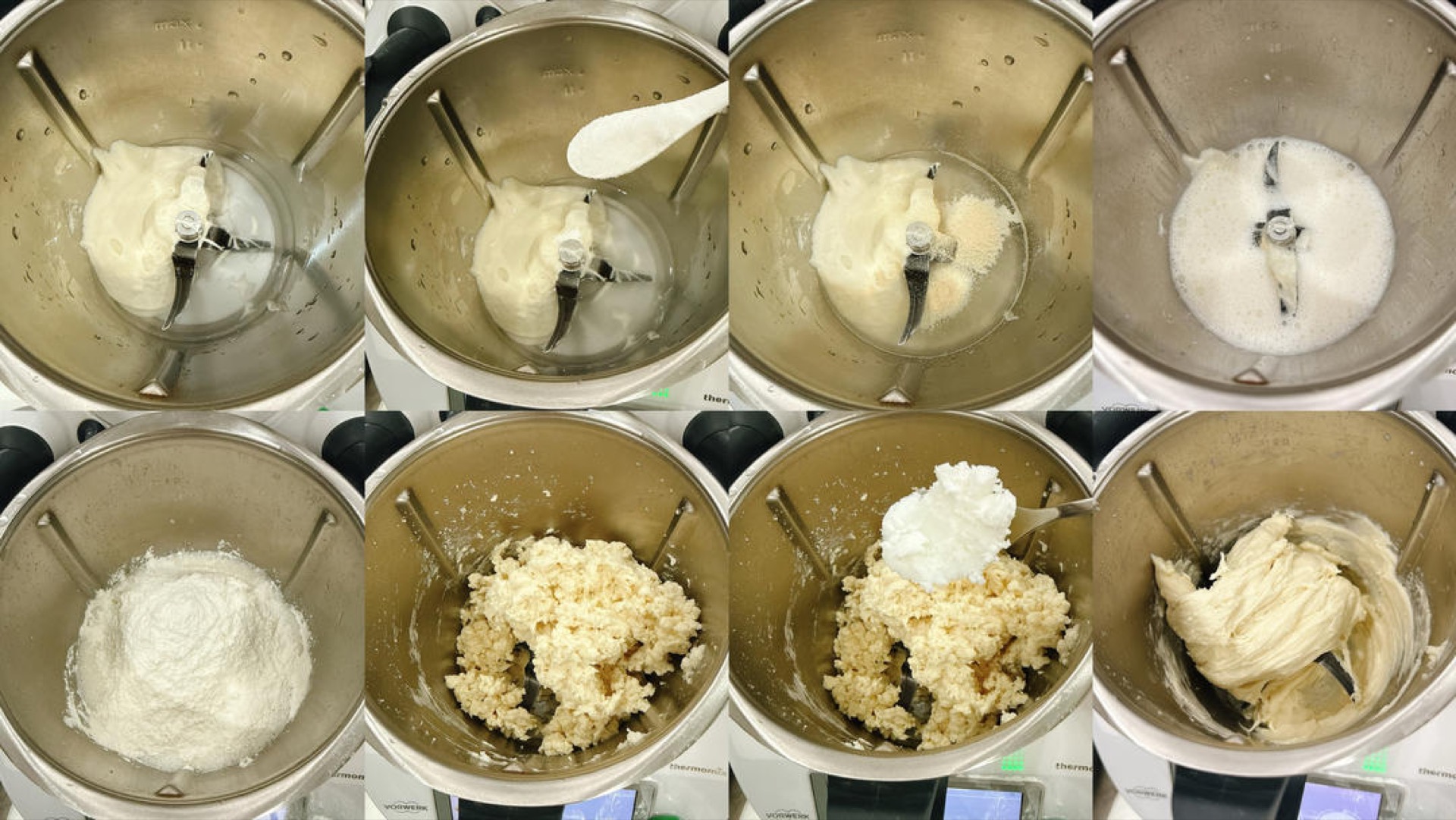 Wash and dry the main bowl, then add 140 g warm water, 155 g old dough, 15 g sugar and 2 g dry yeast. Set for 30 seconds at speed 3 to mix. For the dough: add 350 g all-purpose flo