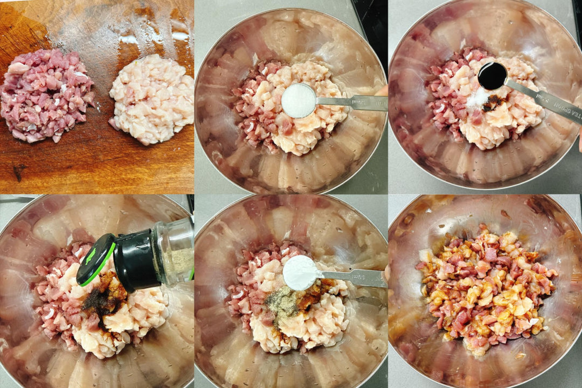 While the dough ferments, make the filling: place a bowl on the lid of the main bowl and add the diced chicken breast, diced pork, 1 tsp salt, ½ tsp dark soy sauce, 2 pinches white