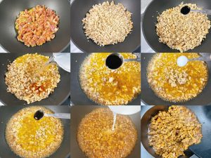 Add oil to the wok and heat over medium heat to about 60% oil temperature. Pour in the marinated diced meat and stir-fry quickly with a spatula. Once the meat changes color, add th
