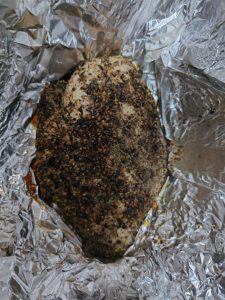 Once baked, open the foil and pour off the excess juices.