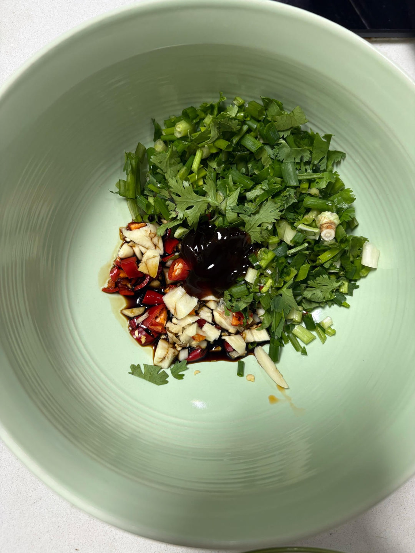 For the noodle base, use 2 tablespoons light soy sauce, half a tablespoon oyster sauce, and a little MSG, no salt. If you do not like cilantro you can leave it out, but try not to