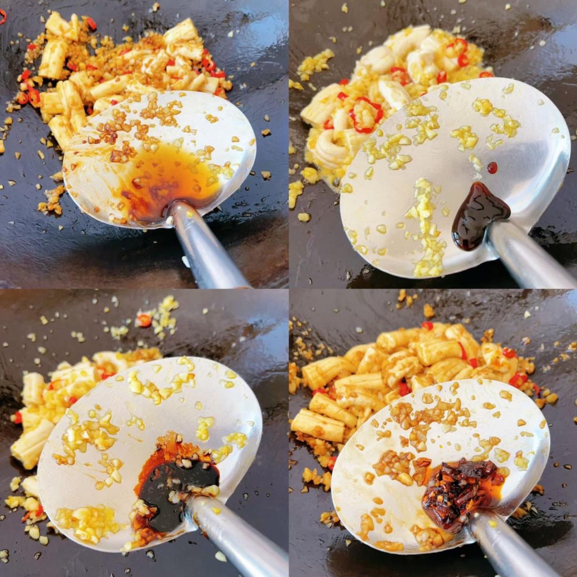 Add 2 tsp Shaoxing wine, 1/2 tsp oyster sauce, 1 tsp soy sauce, and 1 tsp roasted chili flakes, and stir-fry quickly for a few minutes to build the base flavor.